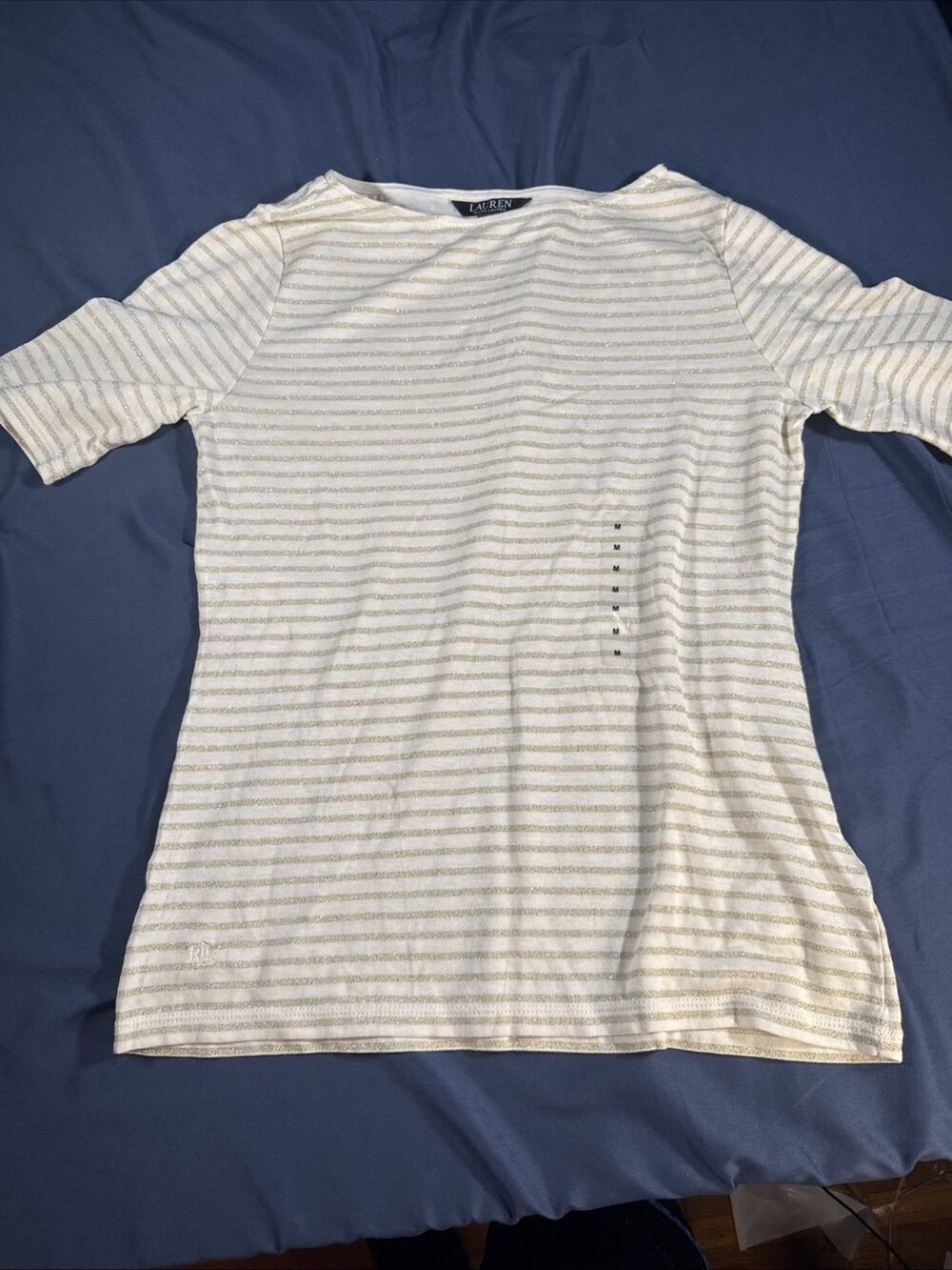 NWOT Lauren Ralph Lauren Womens Top M Metallic Gold Striped Boat Neck White RL